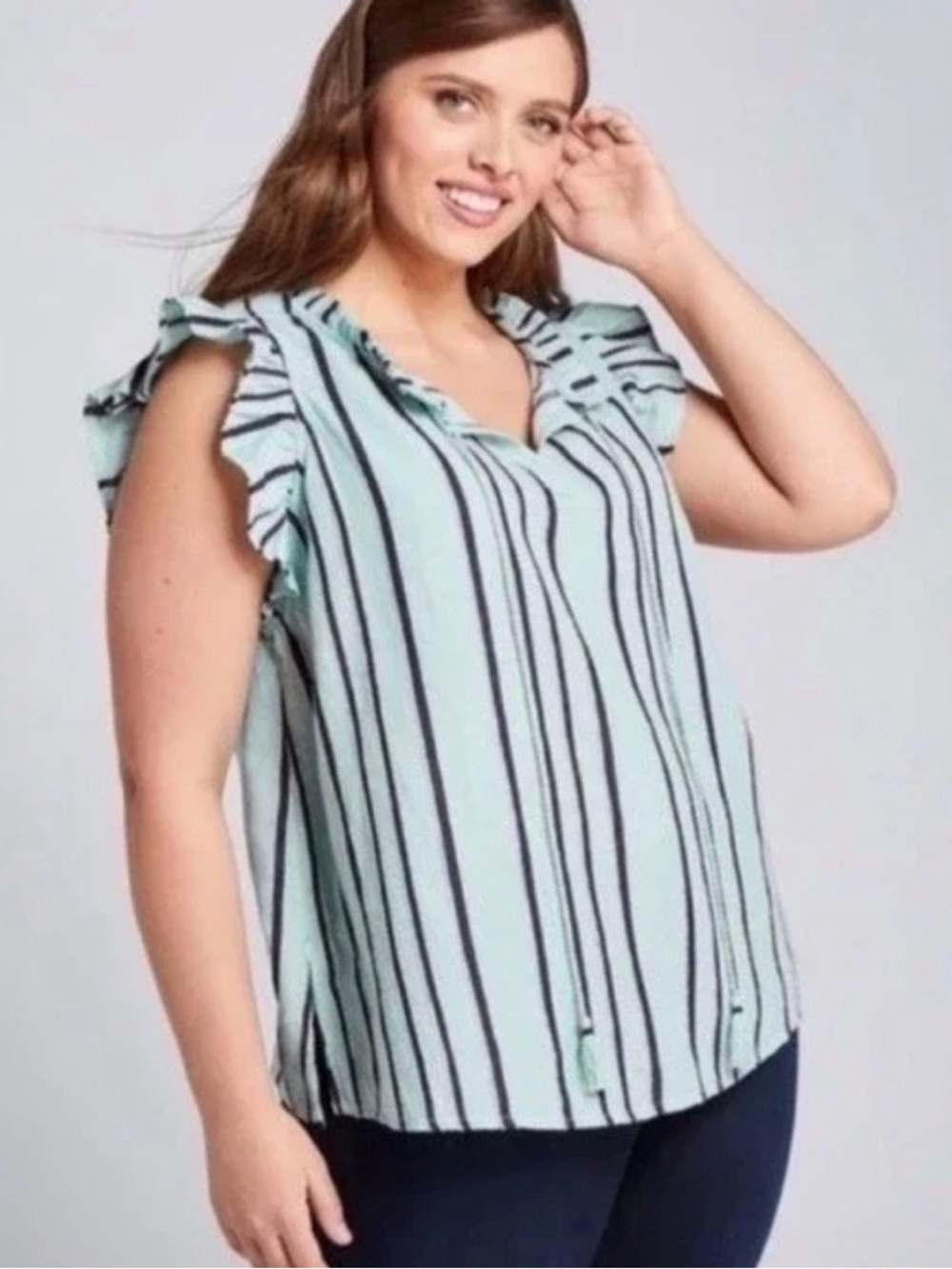 Lane Bryant light blue Tank with navy Vertical Stripes and Tassel V-Neck size 16